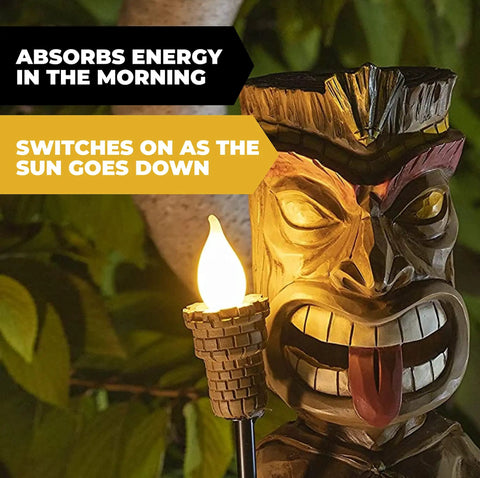 Flickering Tiki Torch Solar Light For Outdoor Decor with realistic flame, 14.5 inches high, durable polyresin, solar-powered LED.