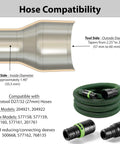 Diagram showing compatibility of 27mm Hose Adapter For 2.5 Inch Dust Collection Ports Fits 27mm D27 D32 And VAC005 Hoses Black Made In USA For Woodworking Tools In Any Workshop With Quick Connect Durable High Density Material For Daily Use.
