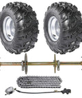 1 Inch Steel Live Axle Kit For Go Karts And ATVs, 32 Inch Overall Length, visible with wheels, chain, sprocket, brake cylinder