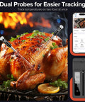 Dual Probe Wireless Meat Thermometer With Bluetooth And WiFi for BBQ Grills Smokers Ovens and Air Fryers shown on roast chicken