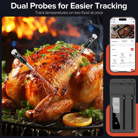 Dual Probe Wireless Meat Thermometer With Bluetooth And WiFi for BBQ Grills Smokers Ovens and Air Fryers shown on roast chicken