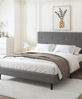 Queen Size Linen Bed Frame With Adjustable Headboard Grey Upholstered Design Featuring Heavy Duty Wooden Base And High Density Foam For Ultimate Chill Vibes And Sleep Sanctuary Comfort in modern bedroom setting.