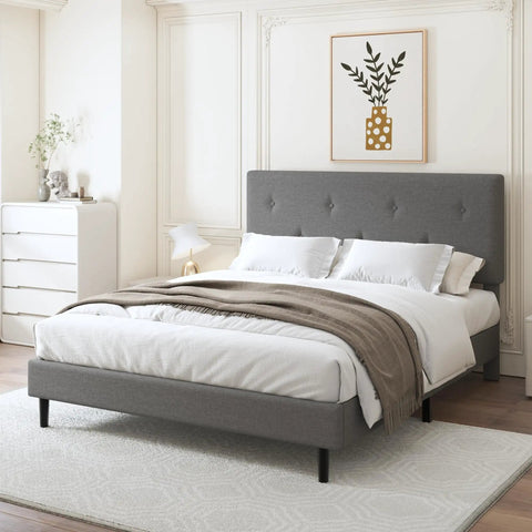 Queen Size Linen Bed Frame With Adjustable Headboard Grey Upholstered Design Featuring Heavy Duty Wooden Base And High Density Foam For Ultimate Chill Vibes And Sleep Sanctuary Comfort in modern bedroom setting.