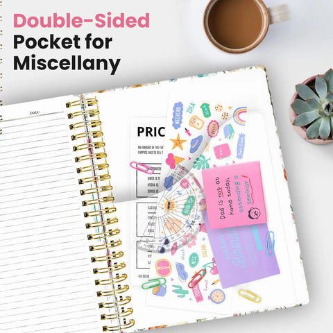 Five Subject Spiral Notebook With Removable Dividers And Tabs, 8.5 By 11 Hardcover Journal, double-sided pocket open