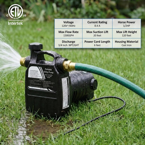 Heavy Duty Cast Iron Water Transfer Pump 115V 1/2HP 1500 GPH Portable Electric Utility Pump in use on wet grass