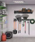 Heavy Duty Steel Garage Tool Wall Rack With Shelves And 6 Hooks, Wall Mount Organizer holding shovels and garden tools