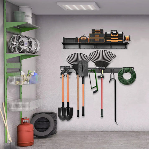 Heavy Duty Steel Garage Tool Wall Rack With Shelves And 6 Hooks, Wall Mount Organizer holding shovels and garden tools