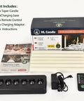 LED Taper Candles With Remote Control, Rechargeable Amber Glow, 6 Pack, 0.87x10.7 Inch, charger base and remote shown