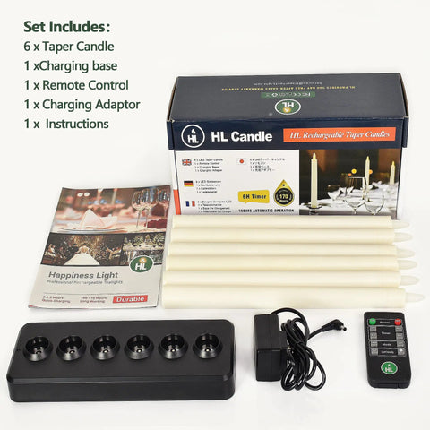 LED Taper Candles With Remote Control, Rechargeable Amber Glow, 6 Pack, 0.87x10.7 Inch, charger base and remote shown