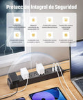 Mountable Power Strip With USB C And USB A Ports Surge Protector 10 In One Charging Hub shown mounted on desk with devices.