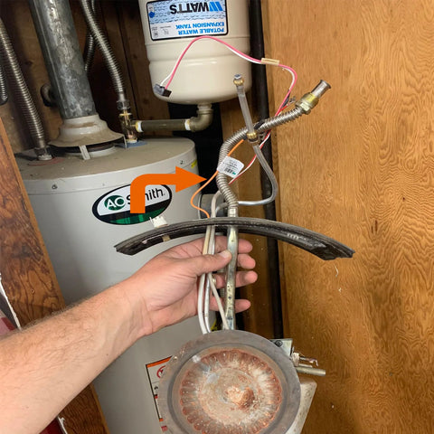 MENSI Milivolt thermopile replacement parts kit for gas water heater; side view with curved metal part and wiring.