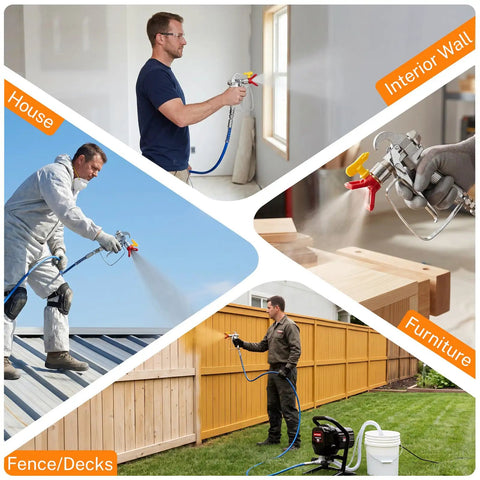 Heavy Duty Electric Airless Paint Sprayer Featuring 750W Motor And 3300 Psi Output for wall and furniture painting in various settings.
