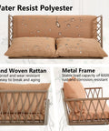 Wicker Porch Swing With Cushioned Seat And Armrests Hangout Ready Outdoor Hanging Swing Bed With Steel Chains All Weather Patio Swing For Lawn Garden Yard Heavy Duty 600 Lbs Capacity 53 Inch Seat To Fit Two Brown, highlighting cushions and metal frame close-up