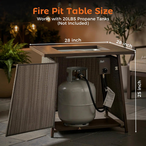 50,000 BTU Propane Fire Pit Table, 28 Inch Square, open cabinet with space for propane tank, outdoor placement, 2 In 1 design.