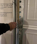 Close-up of Built To Last Heavy Duty Garage Door Vertical Track Rails 76 Inch installed on 7-foot door, galvanized steel.