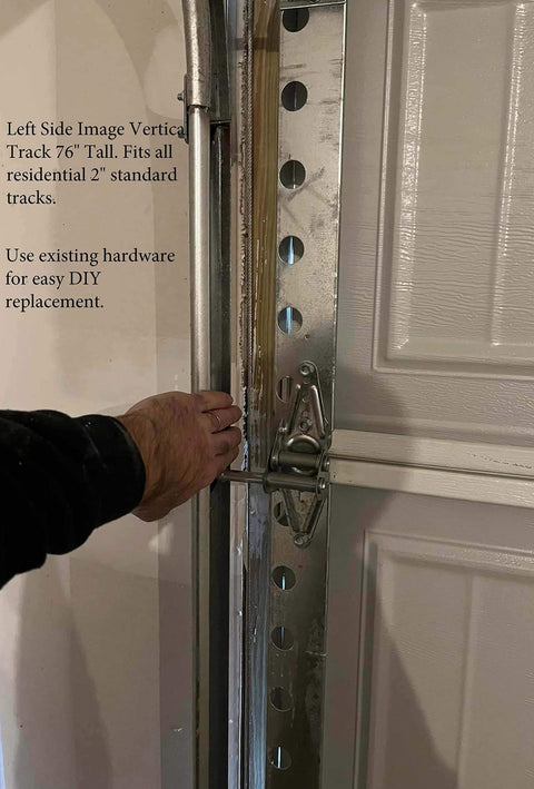 Close-up of Built To Last Heavy Duty Garage Door Vertical Track Rails 76 Inch installed on 7-foot door, galvanized steel.