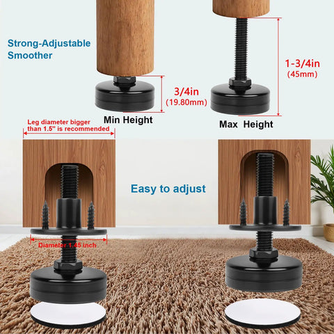 Heavy Duty Furniture Leveling Feet M8 Thread With T Nut Kit Adjustable Levelers height comparison and installation detail