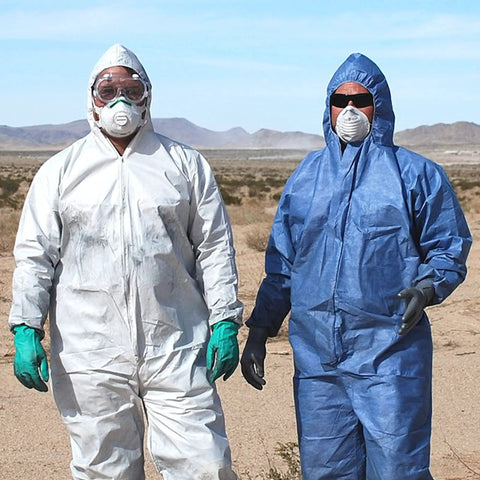 Blue Disposable Coveralls With Hood In Large Size Tri Laminated SMS Polypropylene Work Suit With Zipper And Elastic Wrists And Ankles 25 Pack