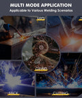 Collage of welding scenarios including MIG, TIG, grinding, stick, and cutting with intense light and sparks visible.