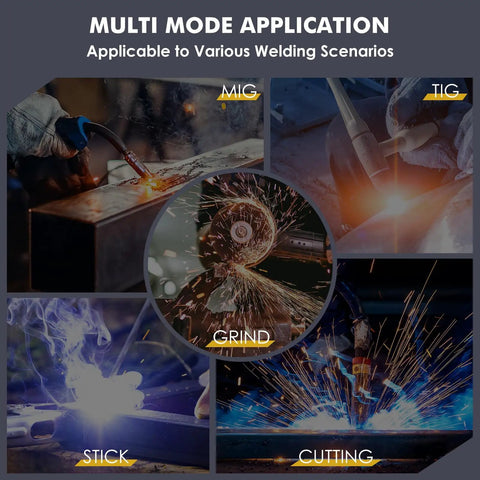 Collage of welding scenarios including MIG, TIG, grinding, stick, and cutting with intense light and sparks visible.