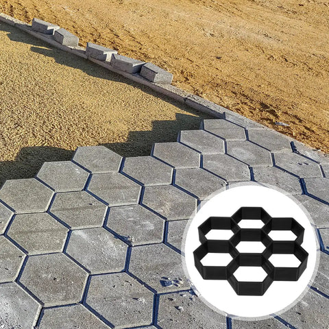 Hexagonal Concrete Molds For Walkways And Pavers DIY Cement Forms installed on outdoor pathway with paver mold inset.