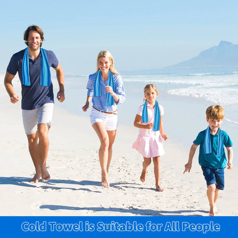 Family wearing Instant Cooling Towels 4 Pack 40 By 12 Inches Hyper Evaporative Ice Towel Neck Wraps running on a sunny beach.