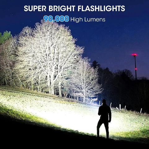 Silhouette of person using Two Pack Rechargeable LED Flashlights That Crank Out 990000 Lumens illuminating a field at night