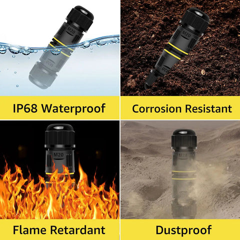 Tool-Free Press-In Outdoor Junction Box Kit with IP68 waterproof 3 pin connectors in water, dirt, fire, and dust conditions