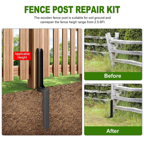 Top Notch Fence Post Repair Kit Built Tough As Nails For 33 Inch High Strength Steel Pile shown in landscape installation before and after.