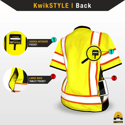 Women's Hi-Vis Class 3 Safety Vest In Bright Yellow With Relaxed Fit And Five Sturdy Cargo Pockets Built Different For The Daily Grind With Reflective Tape And No Hassle Hook And Loop Closures For Top Shelf Jobsite Gear, showing back with hidden interior and large tablet pocket.