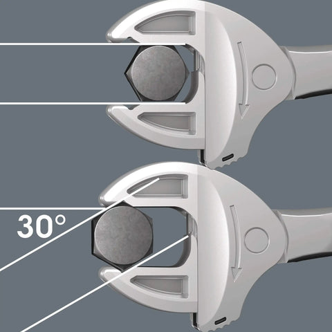 Joker 6004 Self-Setting Spanner Set with automatic grip lever, showing 30-degree angle adjustment on hex bolt.