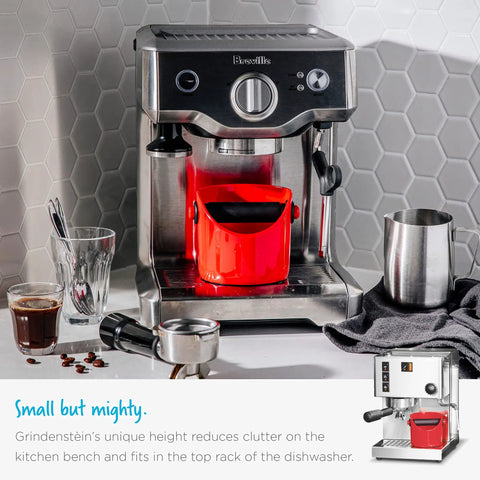 Grindenstein Espresso Knock Box Sturdy Compact Space Saving Kitchen Sidekick Red Durable Rubber Sleeve Protects Handle Top Rack Dishwasher Safe Easy Grounds Dump and Recycle Ideas For Garden Fertilizer Included on espresso machine.