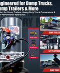 12V DC Single Acting Dump Trailer Hydraulic Pump With Steel Reservoir And Remote Controller, 6 Quart Capacity, close-up view