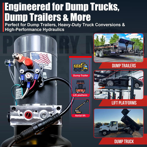 12V DC Single Acting Dump Trailer Hydraulic Pump With Steel Reservoir And Remote Controller, 6 Quart Capacity, close-up view