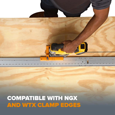 Person using Clamp Edge Jigsaw Guide For Straight Cuts And Steady Tracking, Fits Most Jigsaws, on wooden board.