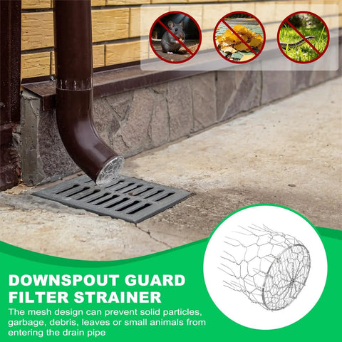 Installed Premium 110mm 4.3 Inch OD Gutter Guard Filter With 5mm Mesh Stainless Steel 304 Screen on downspout, blocking debris