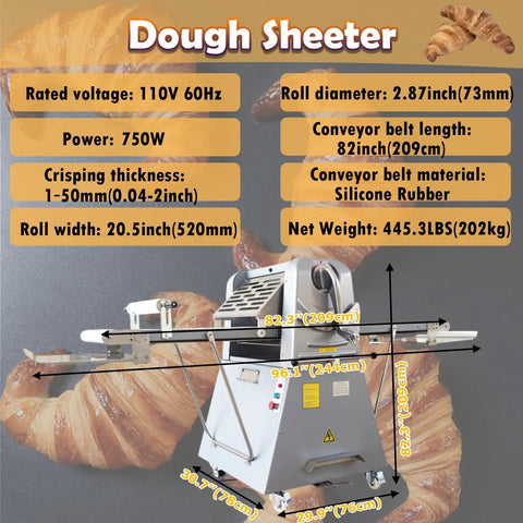 Heavy-Duty 20 Inch Dough Sheeter Machine With Reversible Roller And Adjustable Thickness Control From One To Fifty Millimeters, detailed specs and dimensions.
