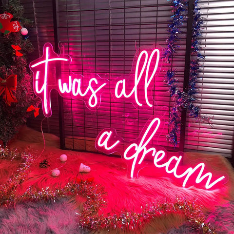 Pink LED Neon Sign Set It Was All A Dream For Bedroom Wall Decor Perfect For Weddings Parties Bars Clubs And Girl Rooms Two Word Signs In One Pack 18x10 And 15x9 Inches