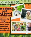 Collage with people enjoying garden areas, featuring text promoting ZonderZ Artificial Turf Rake for clean artificial grass.
