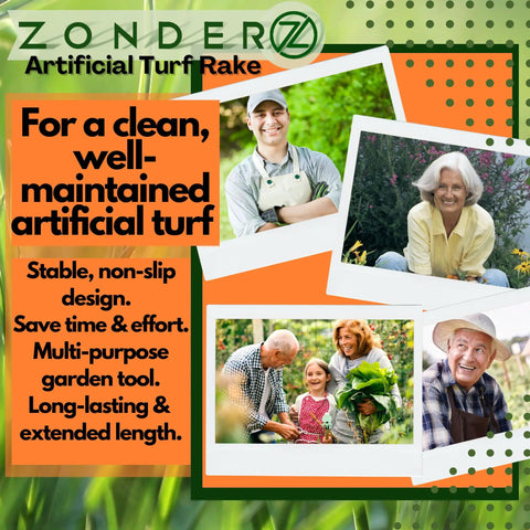 Collage with people enjoying garden areas, featuring text promoting ZonderZ Artificial Turf Rake for clean artificial grass.