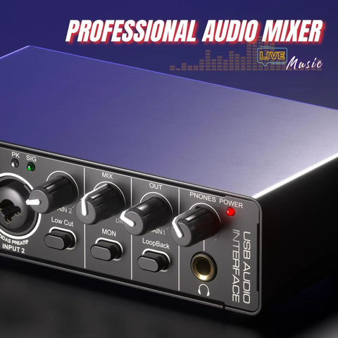Two Channel USB Audio Interface For PC Mac And Laptop, 24Bit 192kHz Recording, Perfect For Guitar, Streaming, And Podcasting