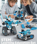 Kids assembling 5-In-1 STEM RC Robot Building Kit With 408 Pieces App Control And Remote Blocks Hands-On DIY Engineering Toys