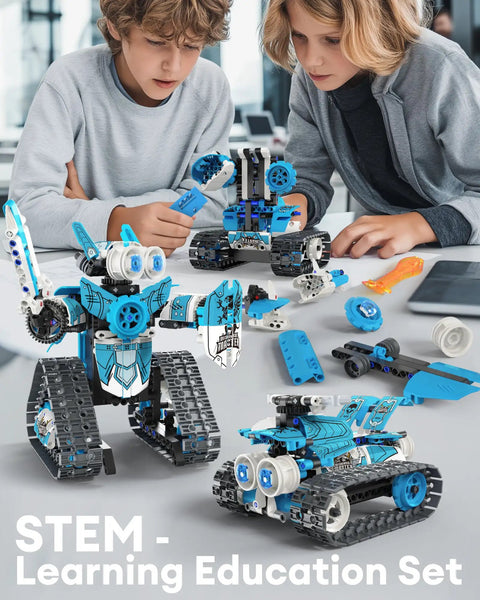 Kids assembling 5-In-1 STEM RC Robot Building Kit With 408 Pieces App Control And Remote Blocks Hands-On DIY Engineering Toys