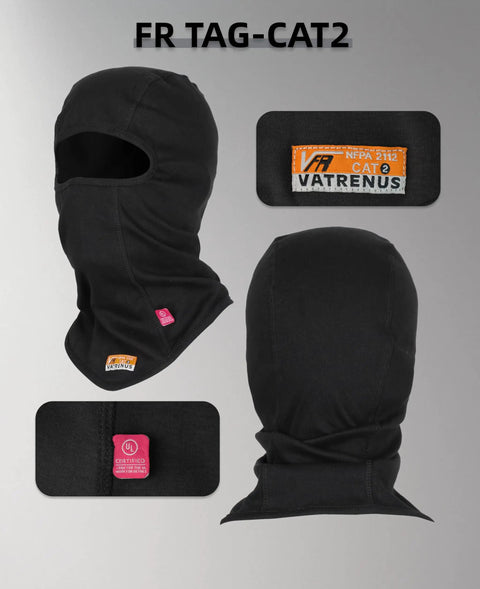 Flame Resistant Balaclava Hood For Welding 7oz Cotton FR Face Mask Arc Rated NFPA 2112 CAT2 Black Knit Front and Back View