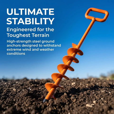 15 Inch Screw In Tent Stakes Set With Heavy Duty Ground Anchors Includes Adapter And 30 Ft Nylon Rope Orange