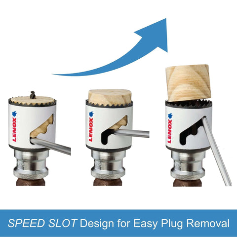 Lenox 2-inch hole saw with arbor and Speed Slot; three views (front, side, plug-removal) for wood use