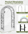 Metal Garden Arch Gate 51 Inch Long By 88 Inch Tall, Rustproof Steel Arch Trellis For Climbing Plants, design and dimensions.