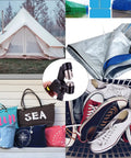 Collage featuring Workhorse All In One Grommet Tool Kit With Two Dies For Ten And Five Point Five Millimeter Grommets, tents, tarps, shoes.