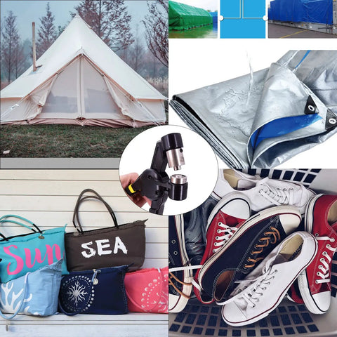 Collage featuring Workhorse All In One Grommet Tool Kit With Two Dies For Ten And Five Point Five Millimeter Grommets, tents, tarps, shoes.