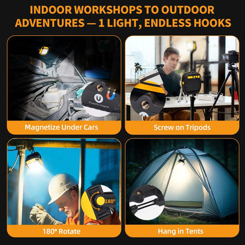 6000mAh Magnetic Work Light Rechargeable With 4000 Lumen IP65 Waterproof 30 Hour Runtime in various use settings like cars, trips, etc.